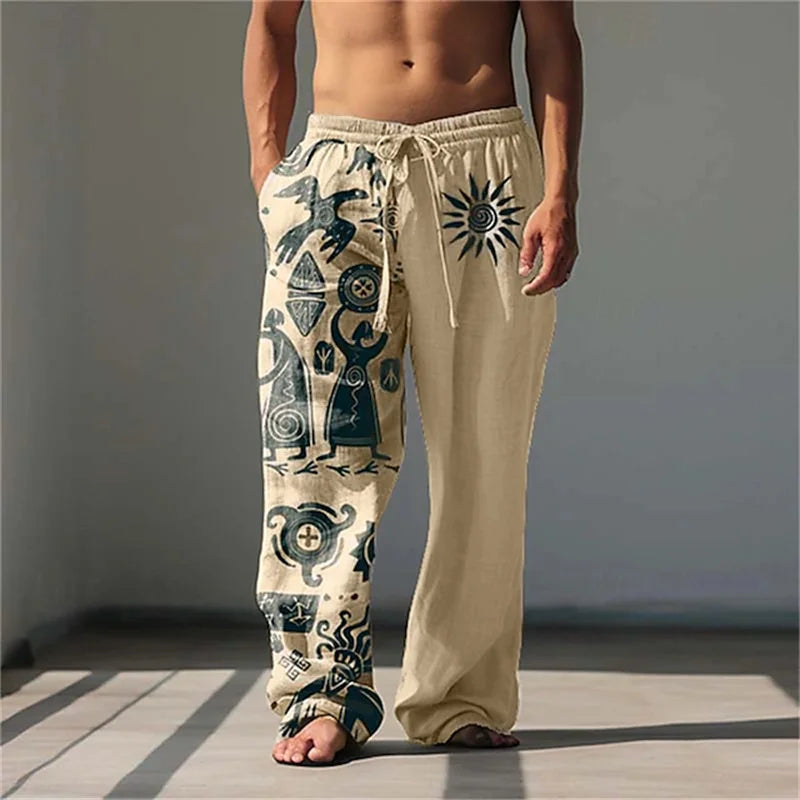 New Men's Casual Breathable Beach Pants Classic Retro 3D Print Loose Drawstring Wide-Leg Pants Outdoor Vacation Trousers
