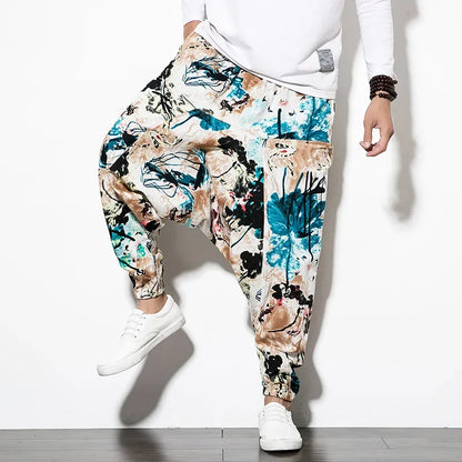 Cotton Linen Harem Pants Men Elastic Waist Streetwear Floral Joggers 2025 New Baggy Drop-crotch Pants Casual Trousers Men