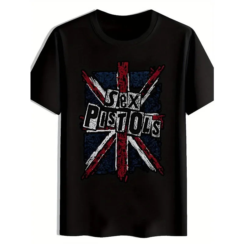 Men'S Graphic Tee Featuring A Punk Rock Design with The Union Jack, Perfect for Concerts and Fans of Rock Music.