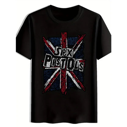 Men'S Graphic Tee Featuring A Punk Rock Design with The Union Jack, Perfect for Concerts and Fans of Rock Music.