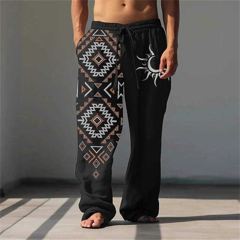 New Men's Casual Breathable Beach Pants Classic Retro 3D Print Loose Drawstring Wide-Leg Pants Outdoor Vacation Trousers