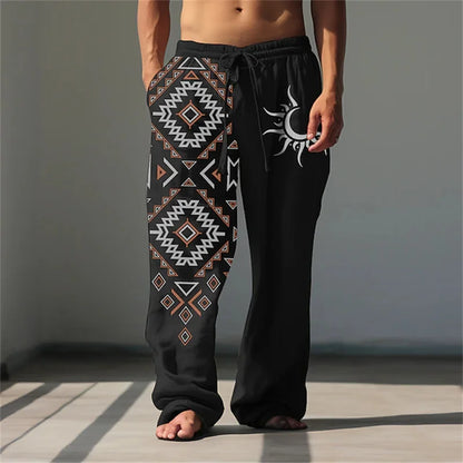 New Men's Casual Breathable Beach Pants Classic Retro 3D Print Loose Drawstring Wide-Leg Pants Outdoor Vacation Trousers