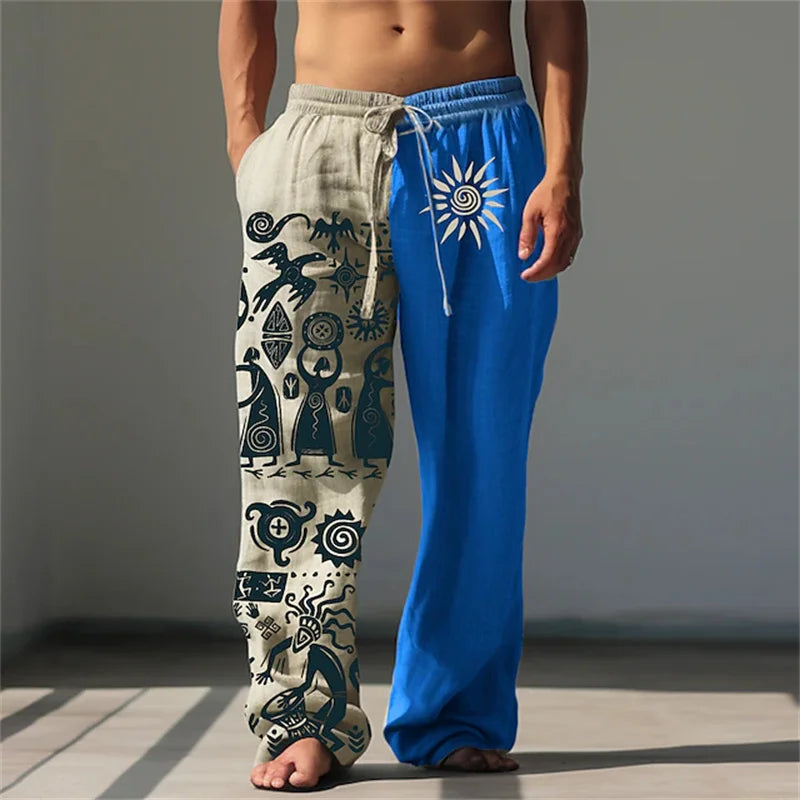 New Men's Casual Breathable Beach Pants Classic Retro 3D Print Loose Drawstring Wide-Leg Pants Outdoor Vacation Trousers