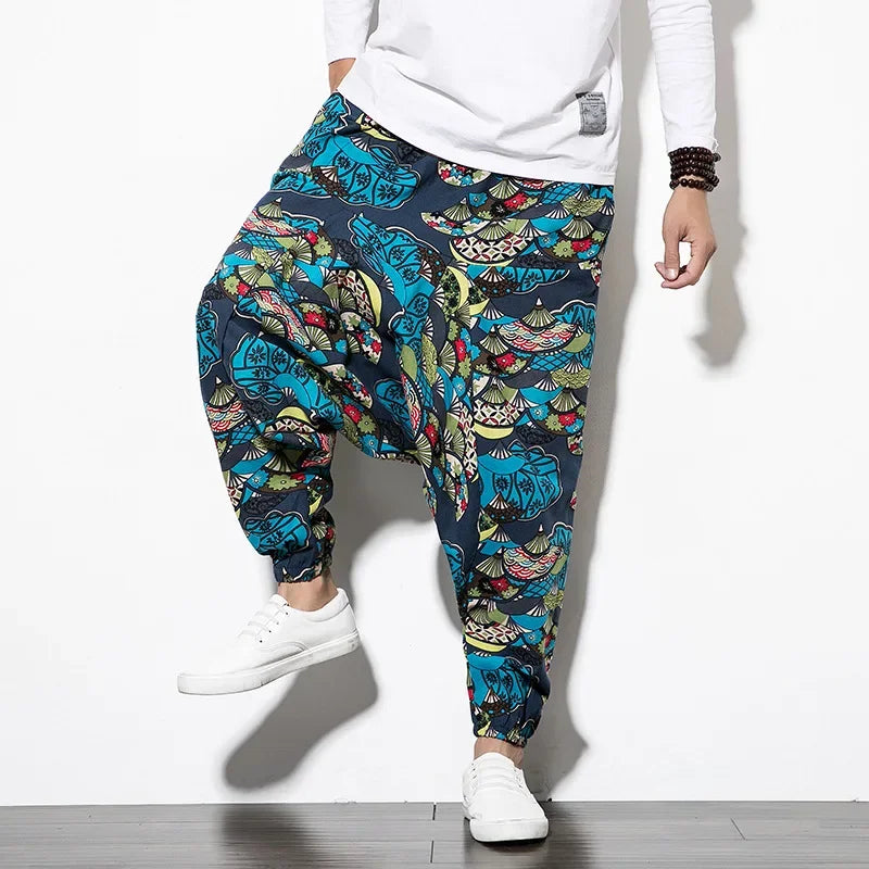 Cotton Linen Harem Pants Men Elastic Waist Streetwear Floral Joggers 2025 New Baggy Drop-crotch Pants Casual Trousers Men