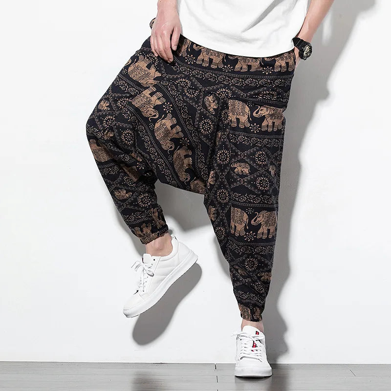 Cotton Linen Harem Pants Men Elastic Waist Streetwear Floral Joggers 2025 New Baggy Drop-crotch Pants Casual Trousers Men