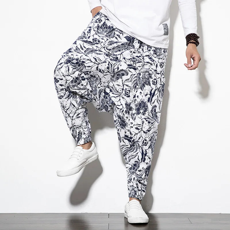 Cotton Linen Harem Pants Men Elastic Waist Streetwear Floral Joggers 2025 New Baggy Drop-crotch Pants Casual Trousers Men