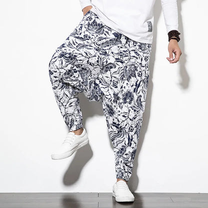 Cotton Linen Harem Pants Men Elastic Waist Streetwear Floral Joggers 2025 New Baggy Drop-crotch Pants Casual Trousers Men
