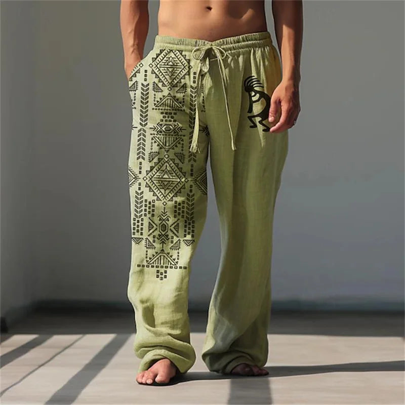 New Men's Casual Breathable Beach Pants Classic Retro 3D Print Loose Drawstring Wide-Leg Pants Outdoor Vacation Trousers