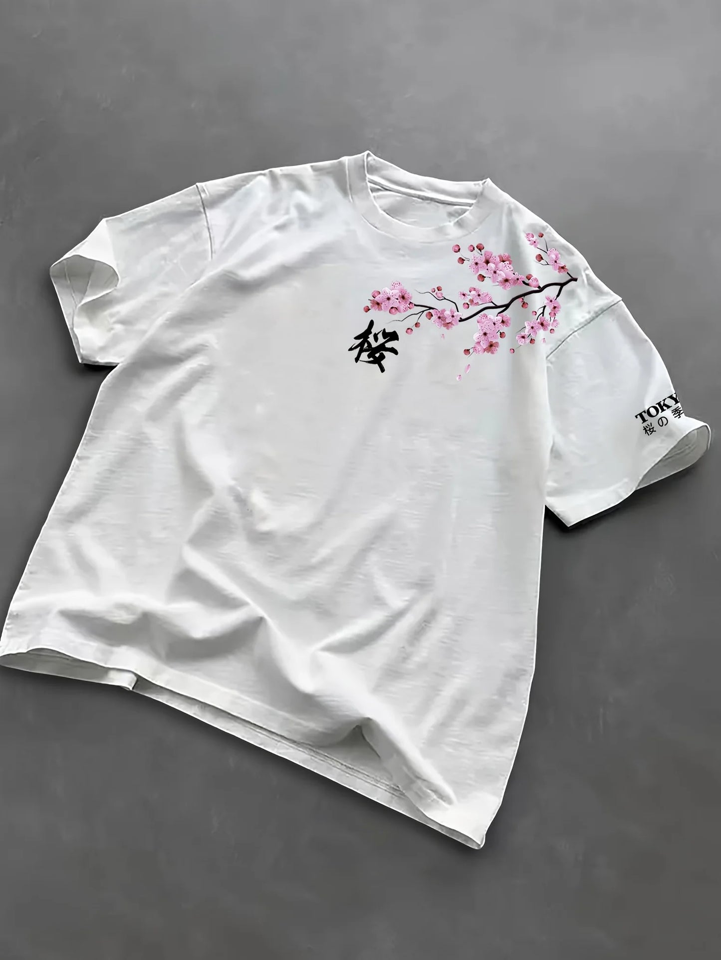 Summer Men Cherry Blossom Pattern Japanese Style Loose-Tee Shirt Suitable for Daily Wear 100% Cotton Material Trendy Versatile