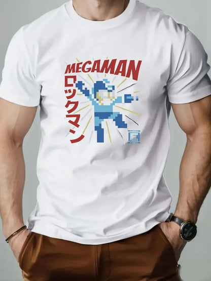 Men'S Retro Megaman Graphic T-Shirt Navy Blue Casual Short Sleeve Tee with Vibrant Pixel Art Design Breathable Summer Top Hiking