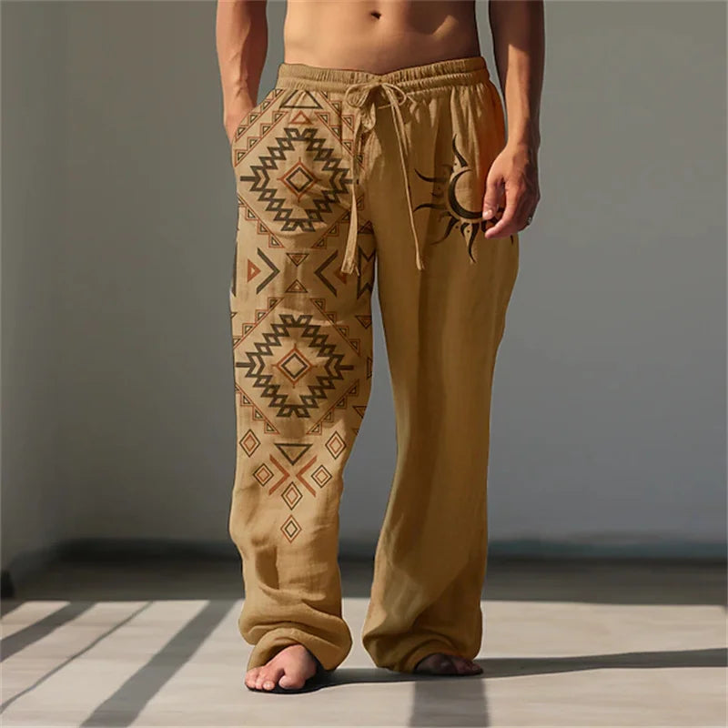 New Men's Casual Breathable Beach Pants Classic Retro 3D Print Loose Drawstring Wide-Leg Pants Outdoor Vacation Trousers
