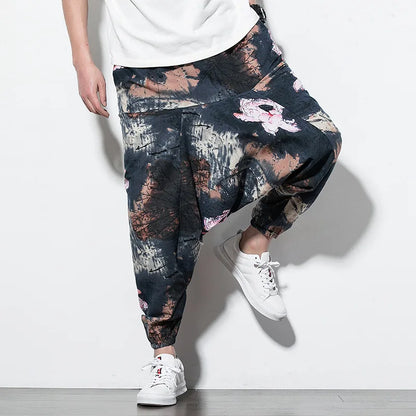 Cotton Linen Harem Pants Men Elastic Waist Streetwear Floral Joggers 2025 New Baggy Drop-crotch Pants Casual Trousers Men