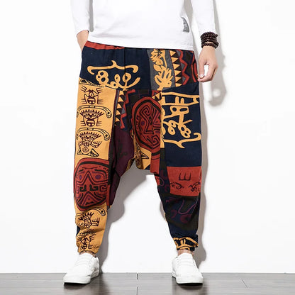 Cotton Linen Harem Pants Men Elastic Waist Streetwear Floral Joggers 2025 New Baggy Drop-crotch Pants Casual Trousers Men