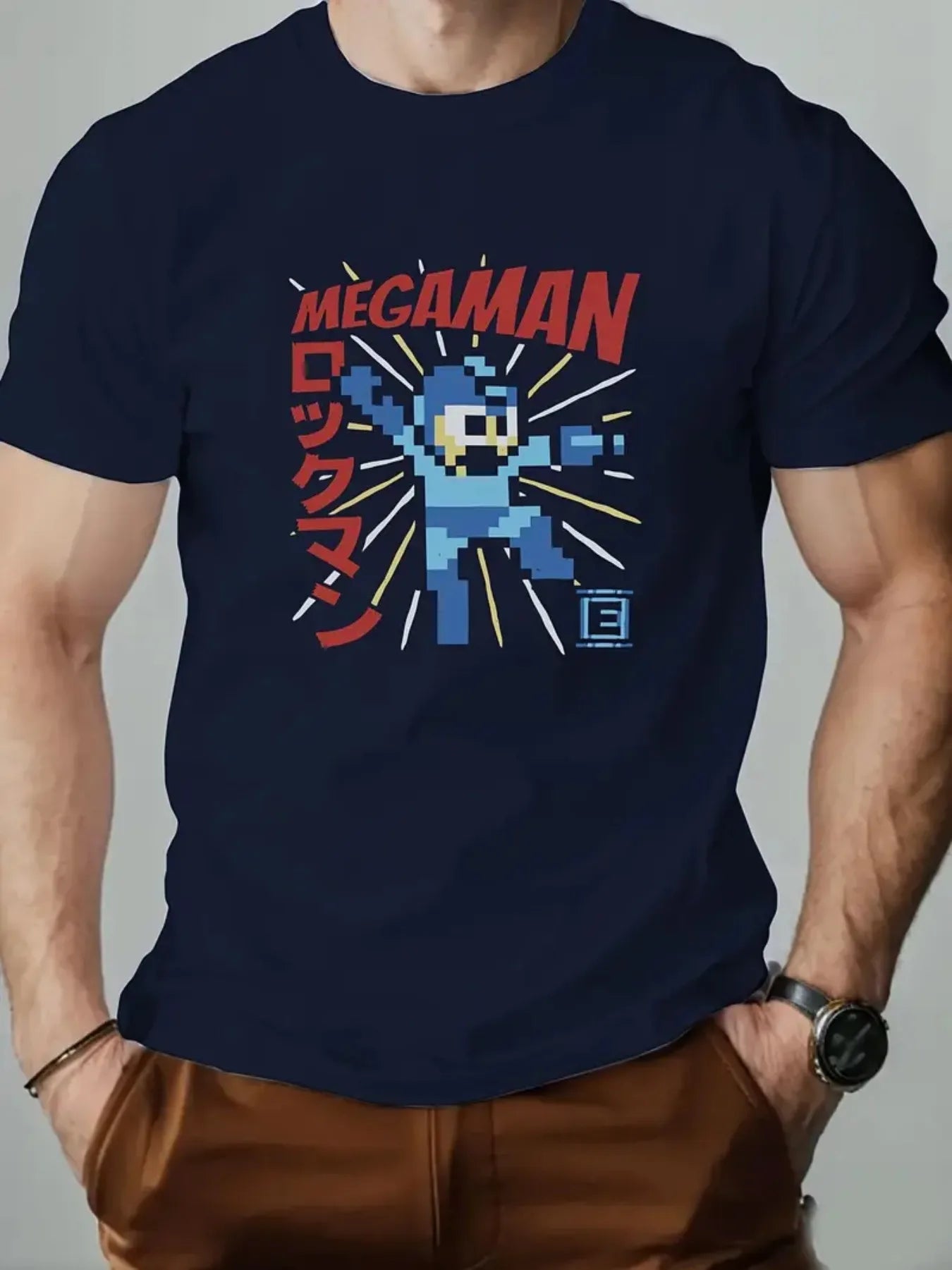 Men'S Retro Megaman Graphic T-Shirt Navy Blue Casual Short Sleeve Tee with Vibrant Pixel Art Design Breathable Summer Top Hiking