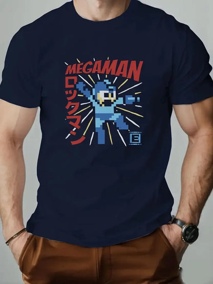 Men'S Retro Megaman Graphic T-Shirt Navy Blue Casual Short Sleeve Tee with Vibrant Pixel Art Design Breathable Summer Top Hiking