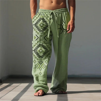 New Men's Casual Breathable Beach Pants Classic Retro 3D Print Loose Drawstring Wide-Leg Pants Outdoor Vacation Trousers