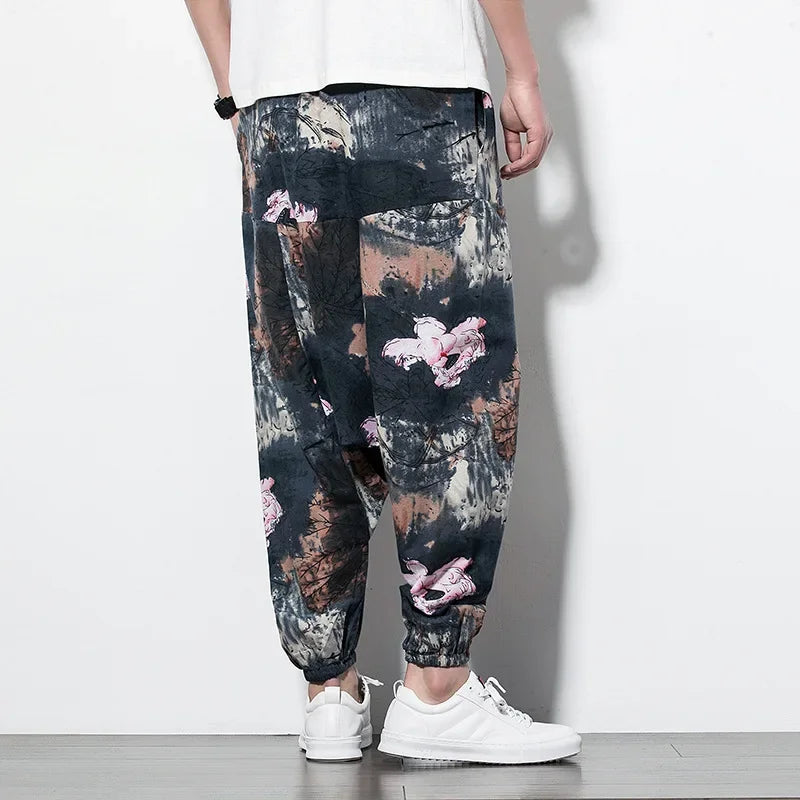 Cotton Linen Harem Pants Men Elastic Waist Streetwear Floral Joggers 2025 New Baggy Drop-crotch Pants Casual Trousers Men