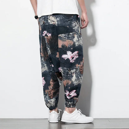 Cotton Linen Harem Pants Men Elastic Waist Streetwear Floral Joggers 2025 New Baggy Drop-crotch Pants Casual Trousers Men