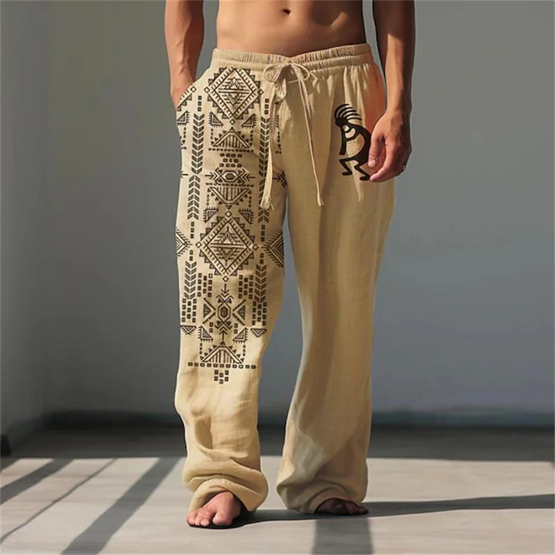 New Men's Casual Breathable Beach Pants Classic Retro 3D Print Loose Drawstring Wide-Leg Pants Outdoor Vacation Trousers