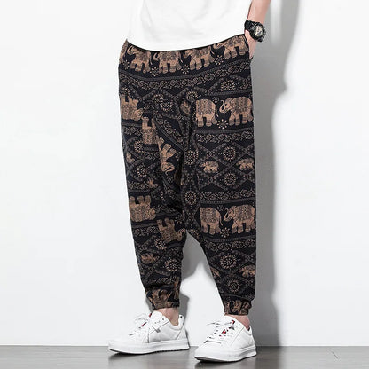 Cotton Linen Harem Pants Men Elastic Waist Streetwear Floral Joggers 2025 New Baggy Drop-crotch Pants Casual Trousers Men