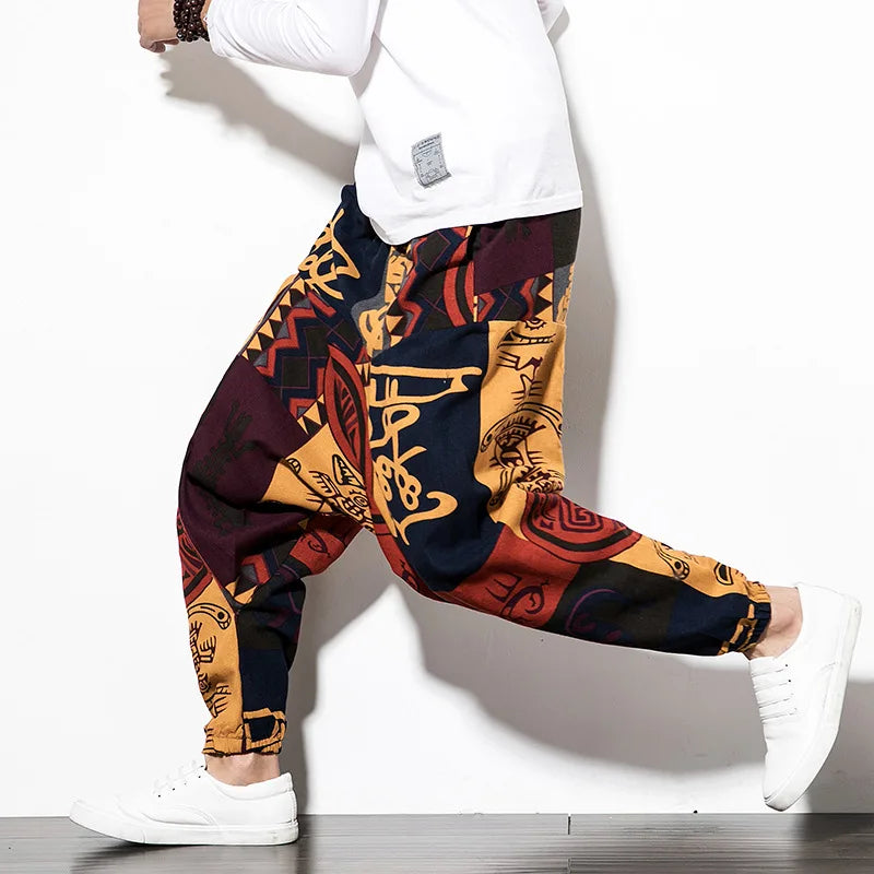 Cotton Linen Harem Pants Men Elastic Waist Streetwear Floral Joggers 2025 New Baggy Drop-crotch Pants Casual Trousers Men