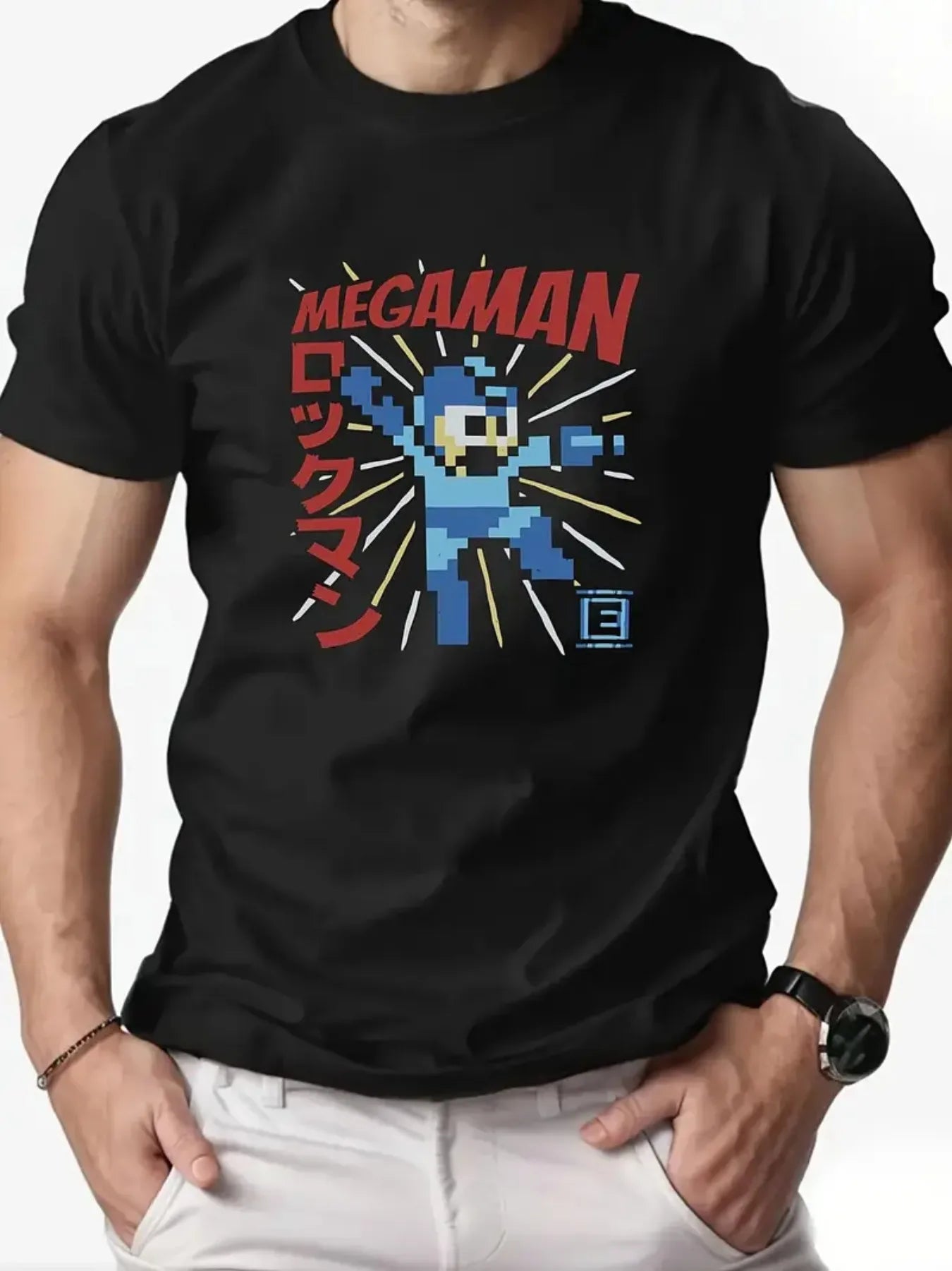 Men'S Retro Megaman Graphic T-Shirt Navy Blue Casual Short Sleeve Tee with Vibrant Pixel Art Design Breathable Summer Top Hiking