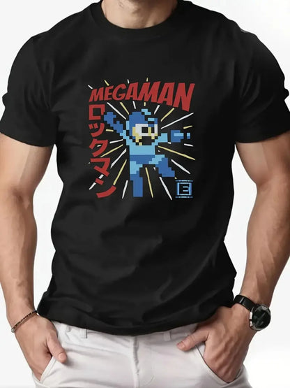 Men'S Retro Megaman Graphic T-Shirt Navy Blue Casual Short Sleeve Tee with Vibrant Pixel Art Design Breathable Summer Top Hiking