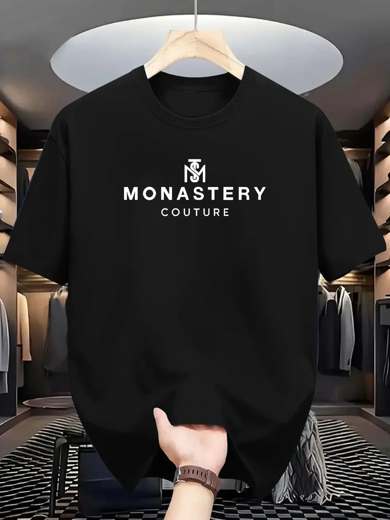 MenS Casual Graphic TShirt MONASTERY COUTURE Print Black Short Sleeve Tee for Summer Comfortable Round Neck