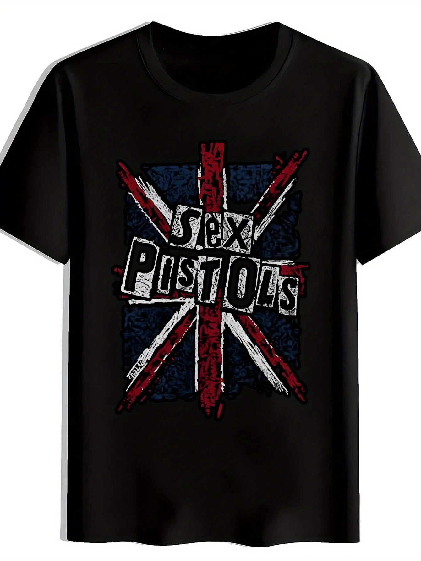 Men'S Graphic Tee Featuring A Punk Rock Design with The Union Jack, Perfect for Concerts and Fans of Rock Music.