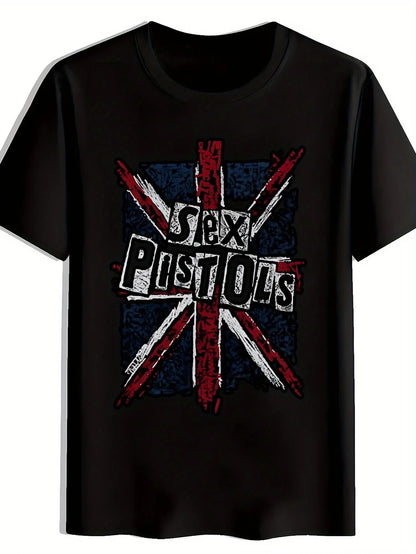 Men'S Graphic Tee Featuring A Punk Rock Design with The Union Jack, Perfect for Concerts and Fans of Rock Music.