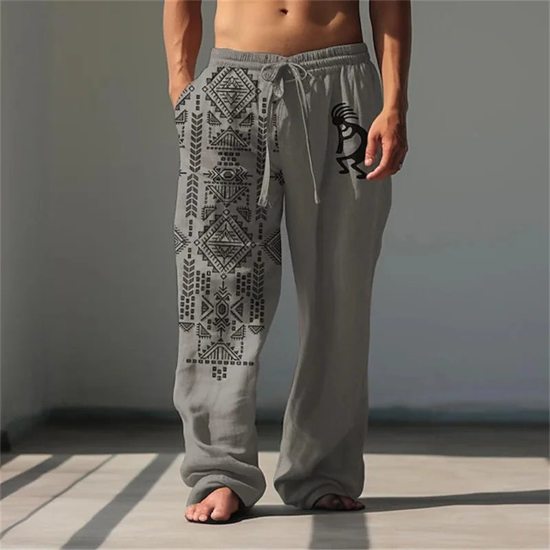 New Men's Casual Breathable Beach Pants Classic Retro 3D Print Loose Drawstring Wide-Leg Pants Outdoor Vacation Trousers