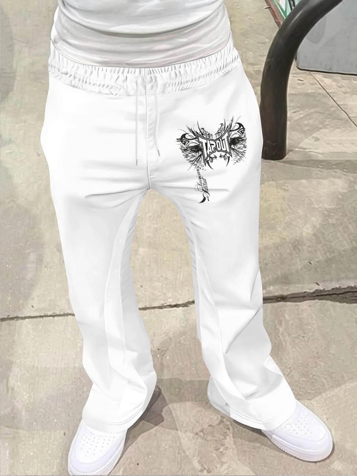 Men's Casual Street Style Trendy Cross Print Fashionable Slightly Flared Black and White Color-Block Design Sweatpants Men Pants