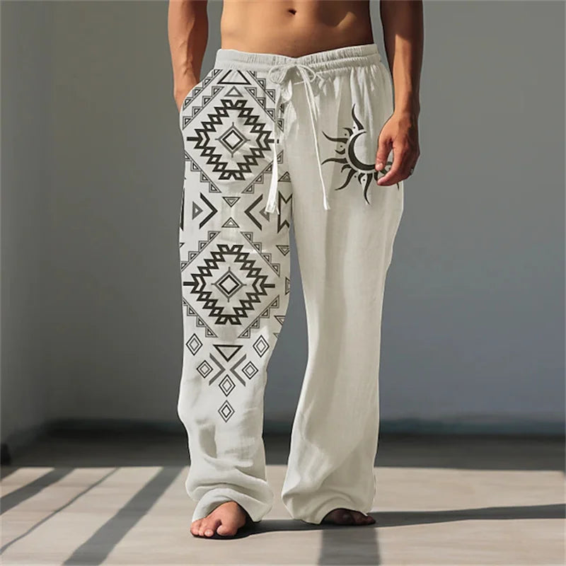 New Men's Casual Breathable Beach Pants Classic Retro 3D Print Loose Drawstring Wide-Leg Pants Outdoor Vacation Trousers