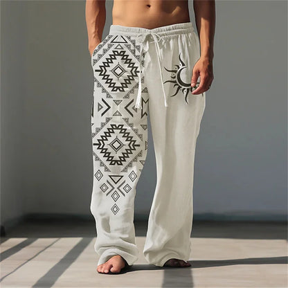 New Men's Casual Breathable Beach Pants Classic Retro 3D Print Loose Drawstring Wide-Leg Pants Outdoor Vacation Trousers
