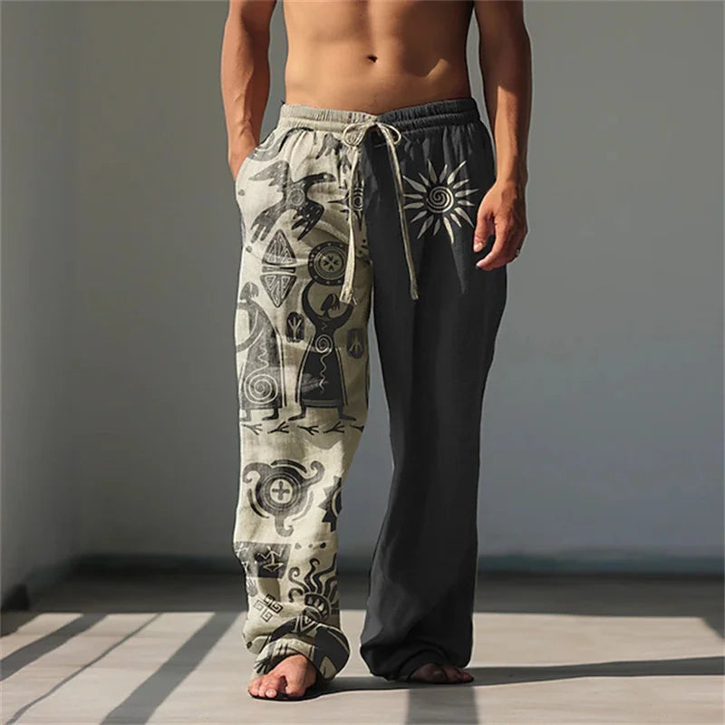 New Men's Casual Breathable Beach Pants Classic Retro 3D Print Loose Drawstring Wide-Leg Pants Outdoor Vacation Trousers