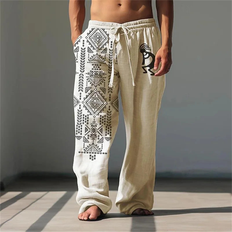 New Men's Casual Breathable Beach Pants Classic Retro 3D Print Loose Drawstring Wide-Leg Pants Outdoor Vacation Trousers