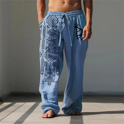 New Men's Casual Breathable Beach Pants Classic Retro 3D Print Loose Drawstring Wide-Leg Pants Outdoor Vacation Trousers